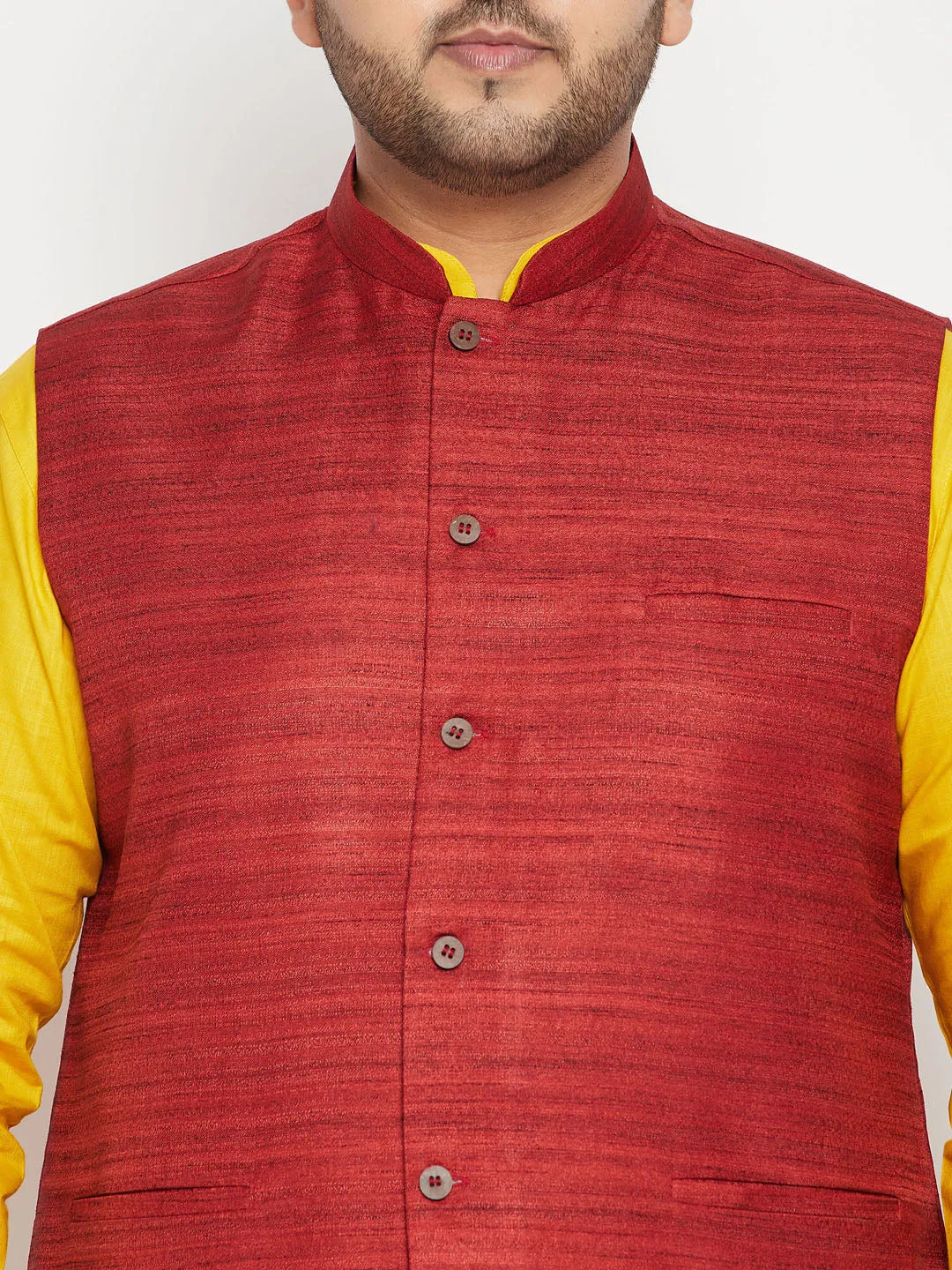 VASTRAMAY Men's Plus Size Mustard and Maroon Cotton Blend Jacket Kurta Pyjama Set