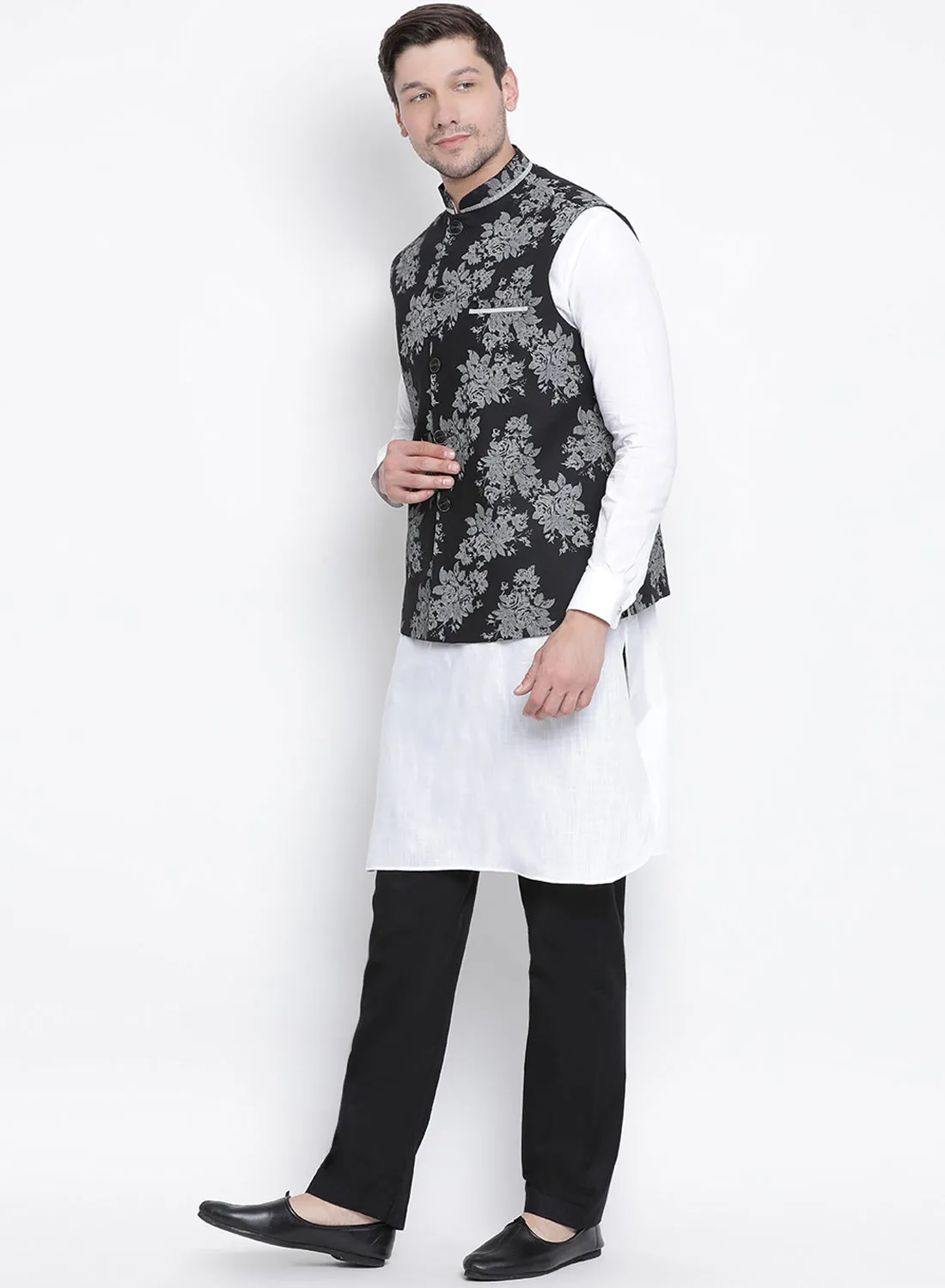 VASTRAMAY Men's White Cotton Blend Kurta, Ethnic Jacket and Pyjama Set