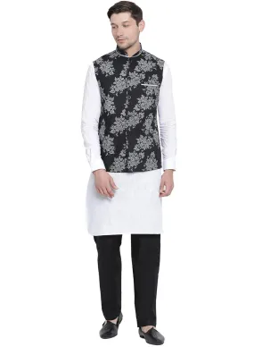 VASTRAMAY Men's White Cotton Blend Kurta, Ethnic Jacket and Pyjama Set