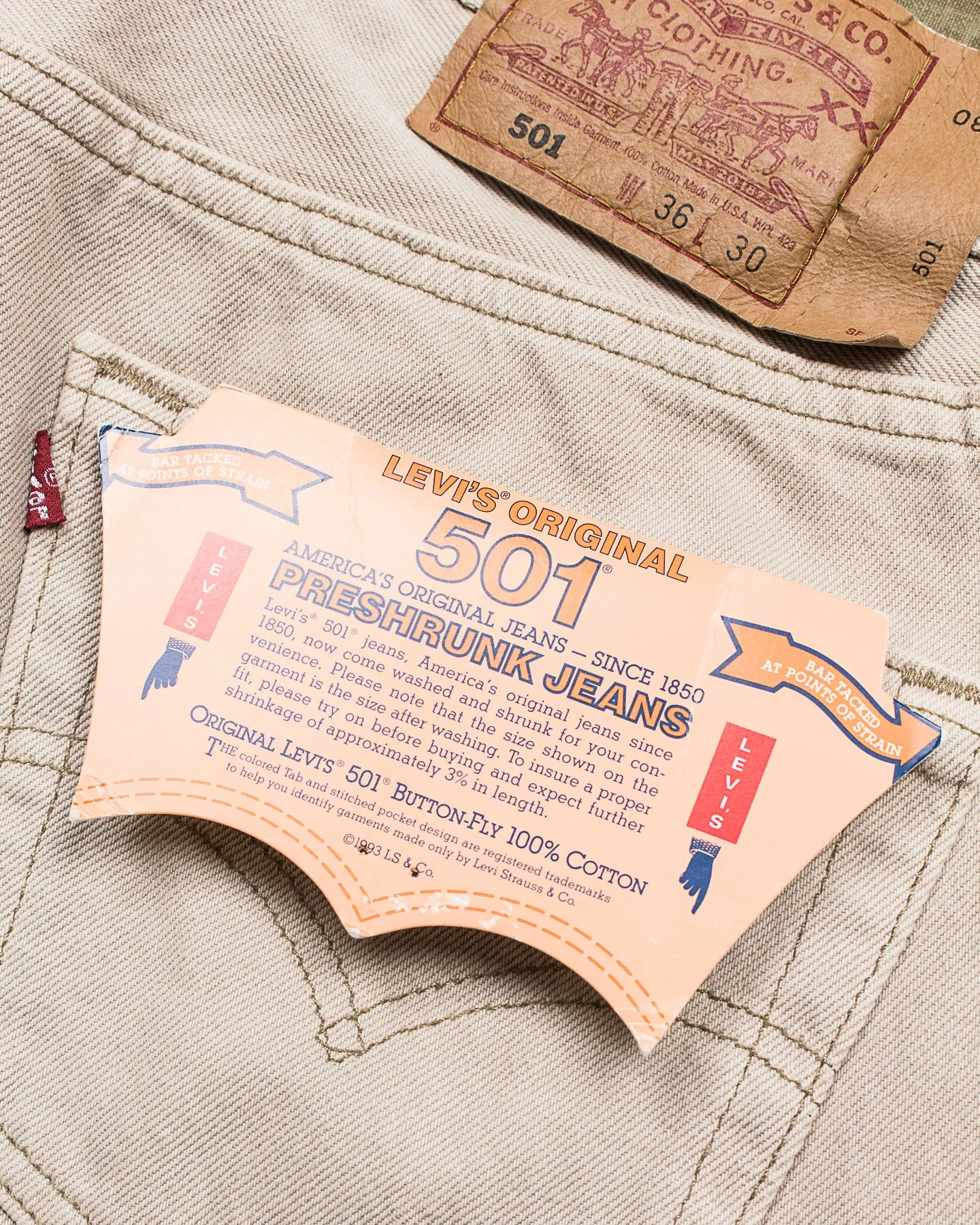 Vintage 90's Made in USA Dead Stock Levi's 501 Beige Jeans W 36 / L 30