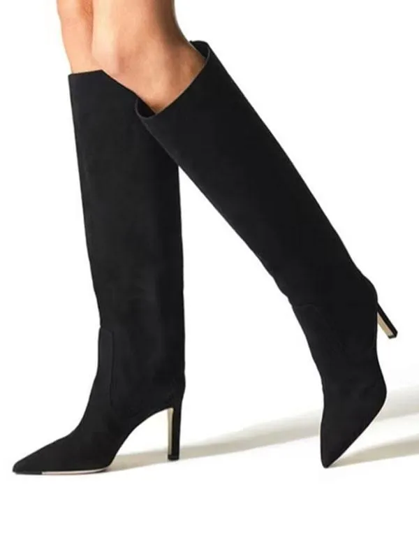 Women's Knee High Boots Black Stiletto Heel Wide Calf Boots